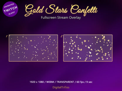 Twitch overlay gold stars confetti, glitter animated alert, fullscreen stream decoration with transparent background. For show new followers, subscribers, cheers, donation, tips, gift subs or holiday decor of streamer and VTuber party
