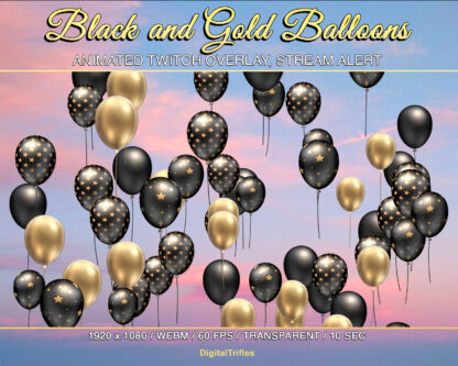 Luxury Twitch overlay, black and gold animated balloons, stylish stream alert, fullscreen decoration, transparent background. For show new followers, cheers, support, donation or celebration, bits, tips, gift subs for streamers and VTubers