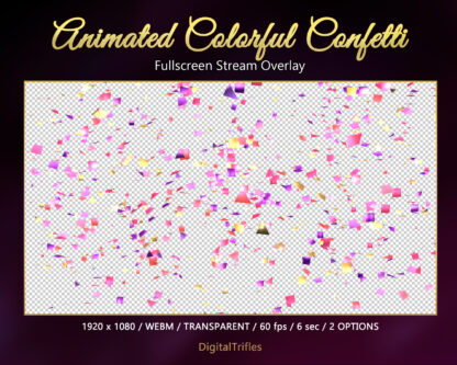 Overlay stream animation confetti, cute Twitch alert with transparent background. Glitter decoration can be used to thank for support, follow, cheers or subscriptions. 2 options: gold, purple, pink and gold, blue, green, purple