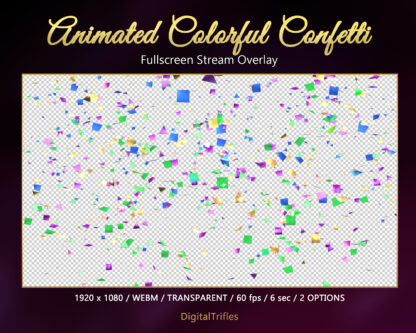 Overlay stream animation confetti, cute Twitch alert with transparent background. Glitter decoration can be used to thank for support, follow, cheers or subscriptions. 2 options: gold, purple, pink and gold, blue, green, purple