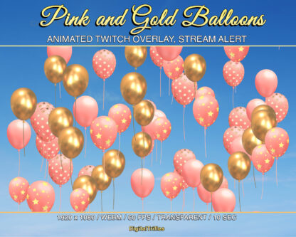 Twitch overlay gold and pink balloons, stream decoration with transparent background. Cute animated alert for show new followers, subscribers, cheers, donation, tips, gift subs, celebration or party for streamers and VTubers