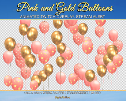 Twitch overlay gold and pink balloons, stream decoration with transparent background. Cute animated alert for show new followers, subscribers, cheers, donation, tips, gift subs, celebration or party for streamers and VTubers