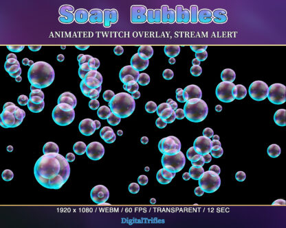 Flying bubbles Twitch overlay, stream decoration with transparent background. Cute animated alert for show new followers, subscribers, cheers, donation, tips, gift subs, celebration or party for streamers and VTubers