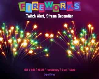 Animated fireworks Twitch alert, stream overlay with transparent background and sound. Cute animated alert for show new followers, subscribers, cheers, donation, tips, gift subs, celebration or party for streamers and VTubers