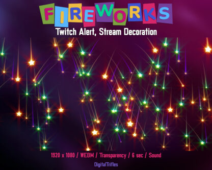 Animated fireworks Twitch alert, stream overlay with transparent background and sound. Cute animated alert for show new followers, subscribers, cheers, donation, tips, gift subs, celebration or party for streamers and VTubers