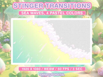 Pastel waves stinger transitions inspired by the romance of sea or ocean beaches. 4 animated Twitch transitions for smoothly scene change, entering and ending gameplay for Streamers and Vtubers in pastel colors: aquamarine, pink, peach, lime, blue