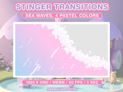 Pastel waves stinger transitions inspired by the romance of sea or ocean beaches. 4 animated Twitch transitions for smoothly scene change, entering and ending gameplay for Streamers and Vtubers in pastel colors: aquamarine, pink, peach, lime, blue