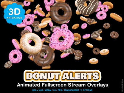 Twitch alerts animated donuts, cute stream decoration, full screen, transparent background. You get three animation options: donut rain and two fireworks