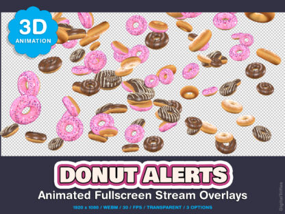 Twitch alerts animated donuts, cute stream decoration, full screen, transparent background. You get three animation options: donut rain and two fireworks