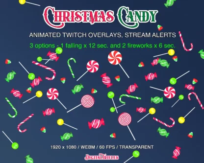 Christmas candy Twitch overlays, cute animated alerts, fullscreen overlays with transparent background. 3 animation options: falling and 2 fireworks with a transparent background, WEBM files