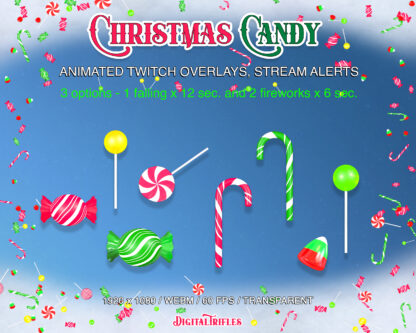 Christmas candy Twitch overlays, cute animated alerts, fullscreen overlays with transparent background. 3 animation options: falling and 2 fireworks with a transparent background, WEBM files
