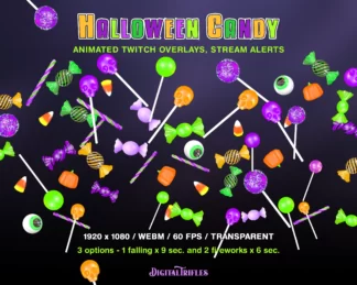 Halloween candy Twitch overlays, cute and scary animated alerts, fullscreen decoration with transparent background. Candy corn, skulls, pumpkins, lollipops 3 options: falling and 2 fireworks with transparent background, WEBM files