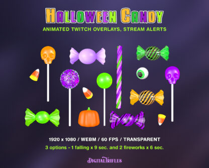 Halloween candy Twitch overlays, cute and scary animated alerts, fullscreen decoration with transparent background. Candy corn, skulls, pumpkins, lollipops 3 options: falling and 2 fireworks with transparent background, WEBM files