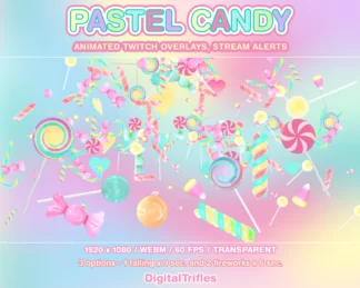 Pastel candy Twitch overlays, animated alerts with transparent background, 3 options fullscreen stream decorations, WEBM. Falling and fireworks sweets, cute, kawaii, aesthetic, pink, rainbow alerts with soft candy tones for streamers and Vtubers