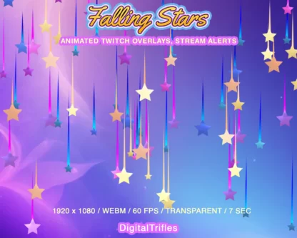 Falling stars animated Twitch overlay, fullscreen stream alert, cute decoration. Purple, blue, gold stars animation with transparent background as alert - new followers, subscribers, cheers, donation, tips, gift subs, decor for streamers and VTubers
