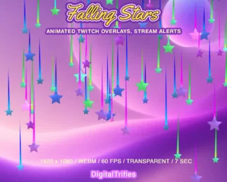 Falling stars animated Twitch alert, fullscreen stream overlay, cute decoration. Purple, blue, green stars with transparent background as alert - new followers, subscribers, cheers, donation, tips, gift subs, festive decor for streamers and VTubers