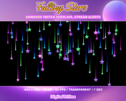 Falling stars animated Twitch alert, fullscreen stream overlay, cute decoration. Purple, blue, green stars with transparent background as alert - new followers, subscribers, cheers, donation, tips, gift subs, festive decor for streamers and VTubers