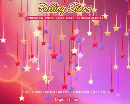 Shooting stars animated Twitch overlay, stream alert, cute decoration. Purple, red, gold stars animation with transparent background as alert - new followers, subscribers, cheers, donation, tips, gift subs, festive decor for streamers and VTubers