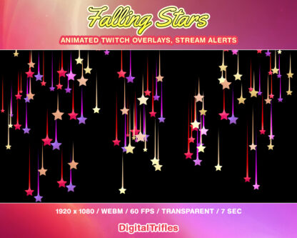 Shooting stars animated Twitch overlay, stream alert, cute decoration. Purple, red, gold stars animation with transparent background as alert - new followers, subscribers, cheers, donation, tips, gift subs, festive decor for streamers and VTubers