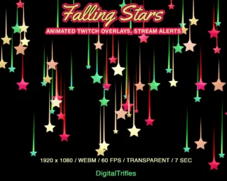 Shooting stars animated Twitch alert, fullscreen stream overlay, cute decoration. Red, gold and green stars animation with transparent background as alert - new followers, subscribers, cheers, donation, tips, gift subs, just festive decor for streamers and VTubers