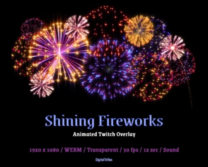 Animated shining fireworks, fullscreen Twitch alert or decoration for Streamers and VTubers. Festive asset to thank your followers for cheering or celebrate various events, raids, donations etc. Stream overlay for birthdays, Fourth of July, New Year