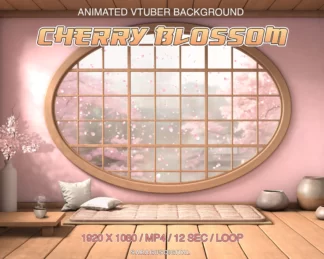 Cute minimalist background cozy room for Vtubers, animated looping Twitch overlay, japanese aesthetic. Outside the window - falling pink sakura petals and blooming cherry blossom trees. Wabi-sabi style, pink pastel Vtuber bedroom