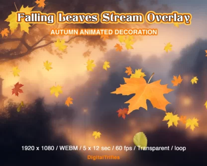 Animated falling leaves, fall Twitch overlays, cute and cozy stream decoration. 4 fullscreen options leaf falling and 1 screen frame - upper border, garland. Yellow, orange, red maple and linden leaves and maple lionfishes on transparent background. This autumn package for streaming is perfect for decorating games, just chatting, Vtuber background, IRL