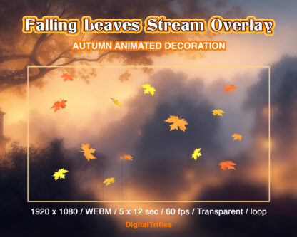 Animated falling leaves, fall Twitch overlays, cute and cozy stream decoration. 4 fullscreen options leaf falling and 1 screen frame - upper border, garland. Yellow, orange, red maple and linden leaves and maple lionfishes on transparent background. This autumn package for streaming is perfect for decorating games, just chatting, Vtuber background, IRL