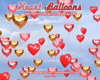 Animated Twitch overlay love hearts balloons, cute stream alert, fullscreen, transparent background. Stream decoration for Valentine's Day, anniversary, birthday. For streamers and VTubers, game streaming, just chatting