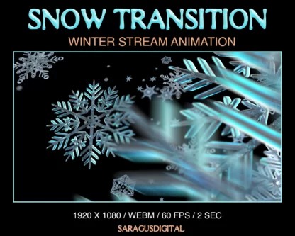 Snowy stinger transition, flying white-blue sparkling crystal ice snowflakes. Animated Twitch transition snow storm for smoothly scene change, entering and ending gameplay for Streamers and Vtubers. Cute Christmas aesthetic, winter, New Year theme