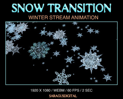 Snowy stinger transition, flying white-blue sparkling crystal ice snowflakes. Animated Twitch transition snow storm for smoothly scene change, entering and ending gameplay for Streamers and Vtubers. Cute Christmas aesthetic, winter, New Year theme