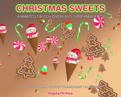 Christmas sweets Twitch overlays, animated alerts, 2 options winter fullscreen stream decorations. Sweet Christmas overlays - falling and fireworks - ice cream snowmans, gingerbread cookies, candy cane, reindeer corn. Transparent background, WEBM