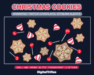 Animated Christmas Twitch overlay, cute flying gingerbread and candy. Twitch alerts with transparent background, fullscreen winter stream decoration. Christmas Star ginger cookies and lollipop animation - falling and fireworks. WEBM, OBS, StreamElements