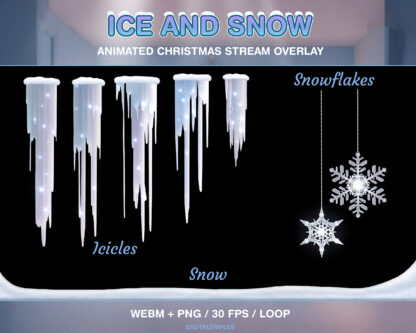 Animated Christmas stream decoration, cute Twitch overlays, frosty winter decor — snow, icicles, snowfall, snowflakes. Cozy assets for streamers and Vtubers, snowy overlay package with transparency