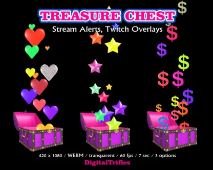 Twitch alerts, cute falling colorful hearts, money, stars as like real pirate booty. Fill your treasure chests: new subscribers, new cheers, new donations and followers! Animated stream overlays with transparent background for Twitch, YouTube, Kick