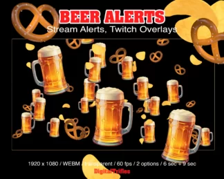 Animated Twitch alerts, cute flying beer glasses, chips and pretzels. Stream overlays with transparent background, fullscreen decorations