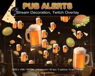 Animated beer, cheese, olive and burgers Twitch overlays, stream alerts with transparent background, fullscreen decorations