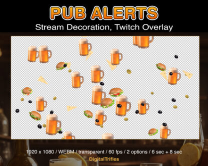 Animated beer, cheese, olive and burgers Twitch overlays, stream alerts with transparent background, fullscreen decorations