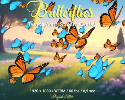 Stream overlay beautiful blue and orange butterflies, animated Twitch alert, cute fullscreen stream decoration with transparent background. Butterfly theme asset for Streamers and VTubers