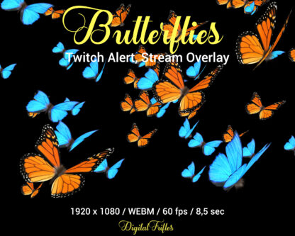 Stream overlay beautiful blue and orange butterflies, animated Twitch alert, cute fullscreen stream decoration with transparent background. Butterfly theme asset for Streamers and VTubers