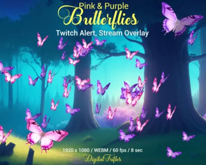 Beautiful pink and purple butterflies, Twitch overlay, animated stream alert, cute fullscreen decoration with transparent background. Butterfly theme asset for Streamers and VTubers