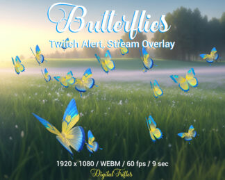 Animated blue and yellow butterflies, beautiful Twitch overlay, cute stream alert, fullscreen decoration with transparent background. Butterfly theme asset for Streamers and VTubers
