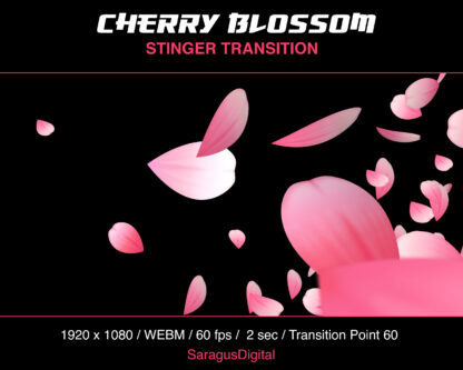 Sakura Twitch Stinger Transition. Pink cherry blossom petal storm for smooth scene change, gameplay entry and exit, just chatting for Streamers and Vtubers. Cute stream transition, anime aesthetic, Japanese theme