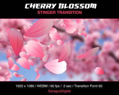 Sakura Twitch Stinger Transition. Pink cherry blossom petal storm for smooth scene change, gameplay entry and exit, just chatting for Streamers and Vtubers. Cute stream transition, anime aesthetic, Japanese theme