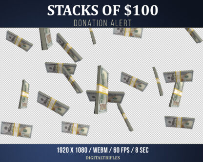 Stacks of hundred dollar, animated donation Twitch alert, fullscreen stream overlay. Cool animated alert that you've received support on your streaming channel, new donation, charity, cheering, bits or tips
