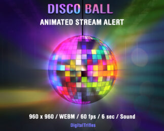 Disco ball Twitch alert for Streamers and Vtubers, colorful stream decoration, retro aesthetic, 70s 80s 90s theme. Animated stream overlay with transparent background and sound