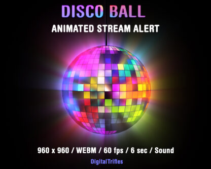 Disco ball Twitch alert for Streamers and Vtubers, colorful stream decoration, retro aesthetic, 70s 80s 90s theme. Animated stream overlay with transparent background and sound