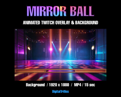 Mirror ball stream decoration, animated Twitch overlay, rotating disco ball with sparkle facets, cute aesthetic asset for VTubers and Streamers and animated Twitch background scene with magic light rays and stylish mood for a party or event