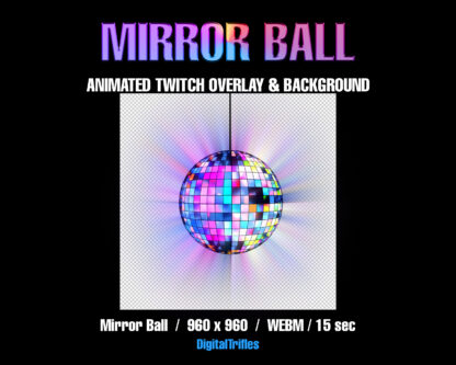 Mirror ball stream decoration, animated Twitch overlay, rotating disco ball with sparkle facets, cute aesthetic asset for VTubers and Streamers and animated Twitch background scene with magic light rays and stylish mood for a party or event