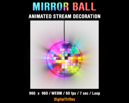 Mirror ball stream decoration, animated Twitch overlay, rotating disco ball with sparkle facets. Cute aesthetic colorful light asset for live stream parties, gaming or just chatting